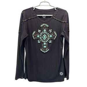 Double D Ranch Long Sleeve Shirt Embellished Turquoise Cross Design Large Black